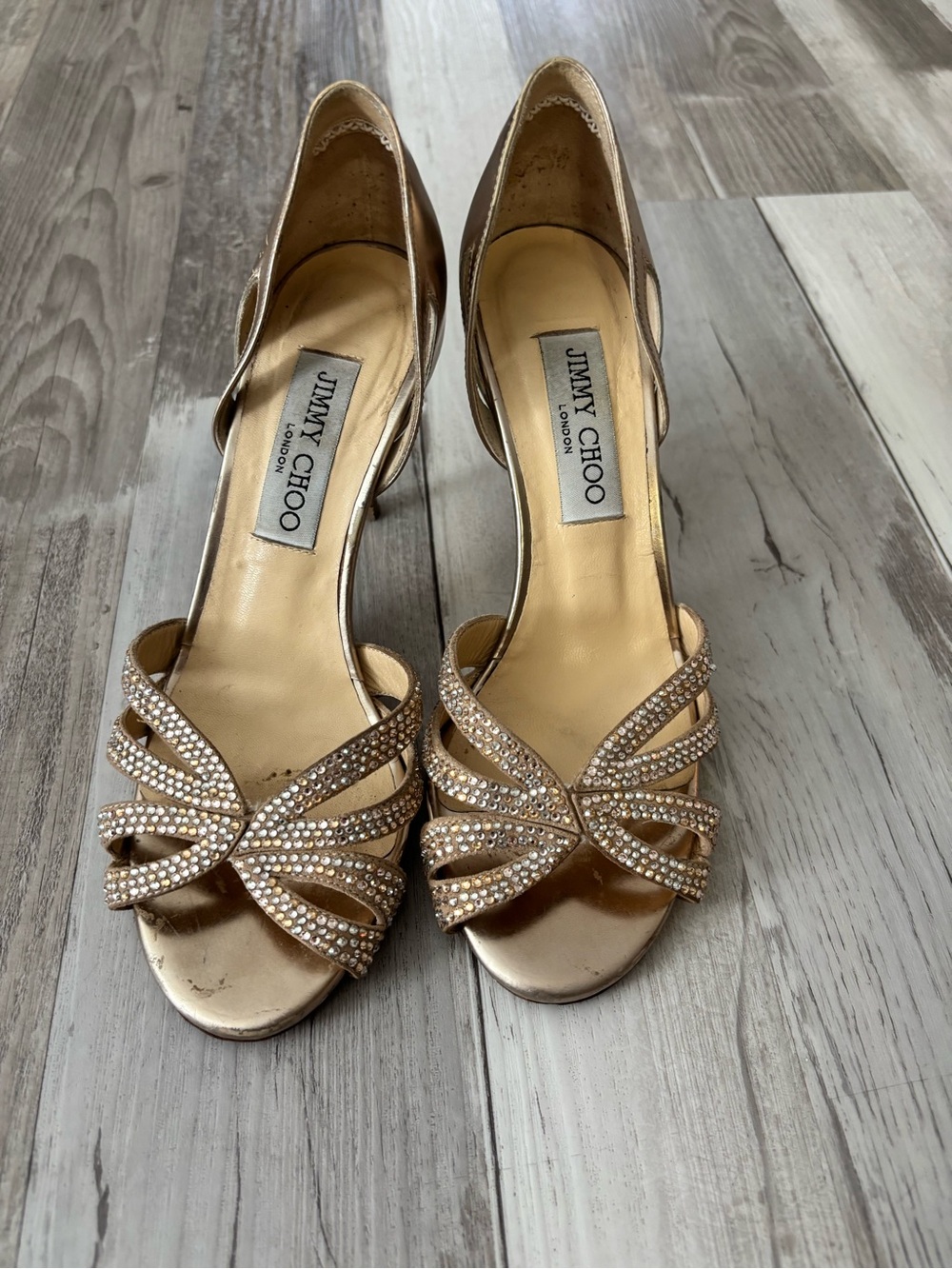 Jimmy Choo Gold Crystal-Strap Open-Toe Heels
